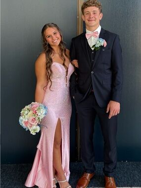 Sherri Hill Pink Beaded Strapless Prom Gown with Thigh Slit